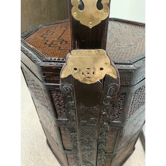 Antique 3 Tier Hexagon Chinese Asia Wedding Basket Bamboo Brass Lacquered